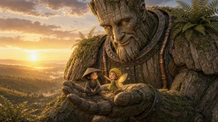 Knot and Tansy sit together in the open palm of the Moss Oak at sunset, his huge wooden face smiling down at them.
