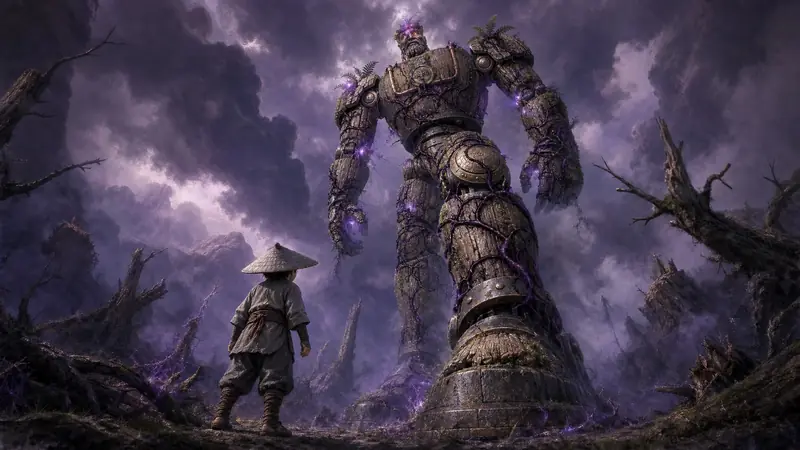 Knot, a small ninja in a straw hat, looks up at the Moss Oak, a wooden giant wrapped in violet thorns, towering over a ruined forest.