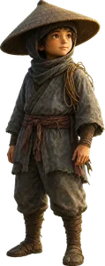 Knot, a small boy ninja in a wide straw hat with a coil of golden rope.