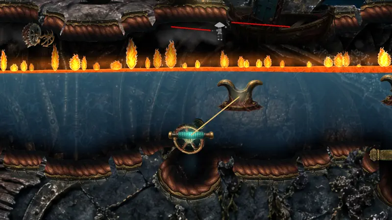 A chamber of dark water with a line of flames burning on the oil at its surface.