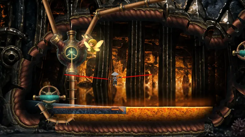 Inside the Deep Sea King's forge, lava glowing below brass valves and ropes.