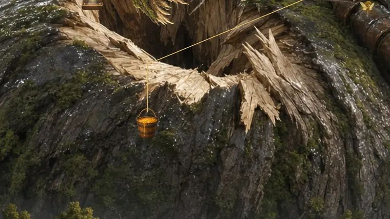 A pail of sap hanging from a rope, winding up toward a torn wound in the giant's mossy shoulder.