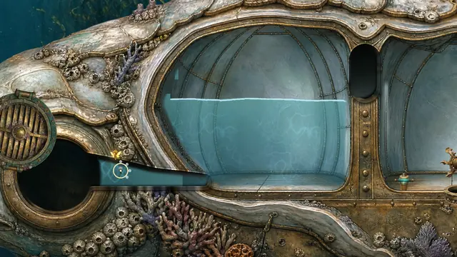 Inside the Brine Mother, water rising in a glass chamber beside a round brass hatch.