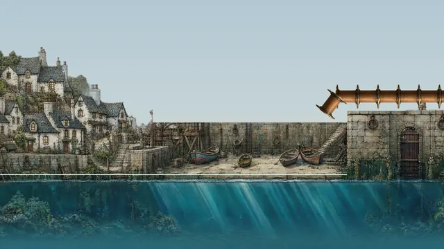 A stone harbour town and pier above clear blue water, a long pipe leading down.