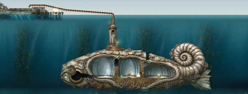 The Brine Mother, a shell-and-brass creature with glass chambers, resting on the sea floor below a pier.