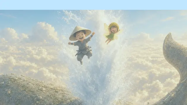 Knot and Tansy leap out of a burst of spray into bright clouds beside the whale's tail.