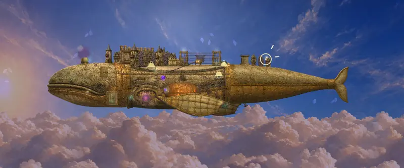 The Drift, a brass sky whale with a walled city on her back, swimming above the clouds.