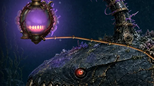 A violet lamp on a curved stalk above the Deep Sea King's eye, with a rope stretched across.