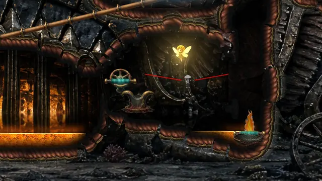 Molten lava glowing in a chamber inside the Deep Sea King, beside his forge.