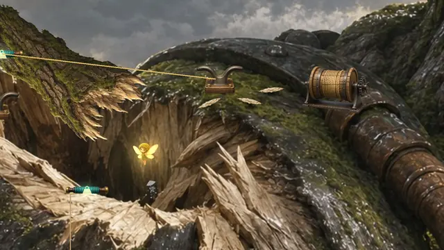 A torn wooden bough on the giant's shoulder, held together with taut golden ropes.